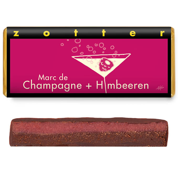 Hand-scooped chocolate Marc de Champagne + raspberries