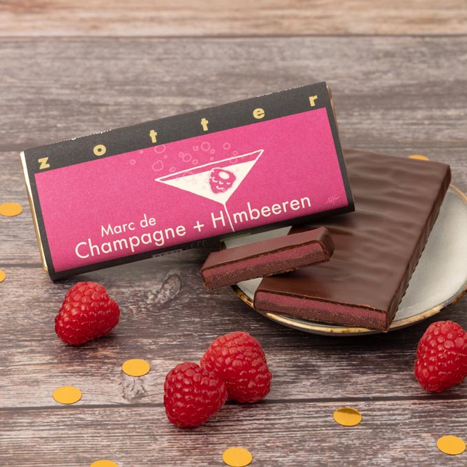 Hand-scooped chocolate Marc de Champagne + raspberries